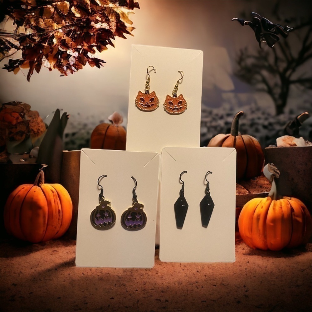 HALLOWEEN Earring Bundle …3 pairs .coffins & pumpkins , cats  ( new)